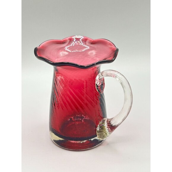 Midcentury Modern Hand Blown Cranberry Glass Miniature Flower Pitcher Vase - Picture 4 of 8